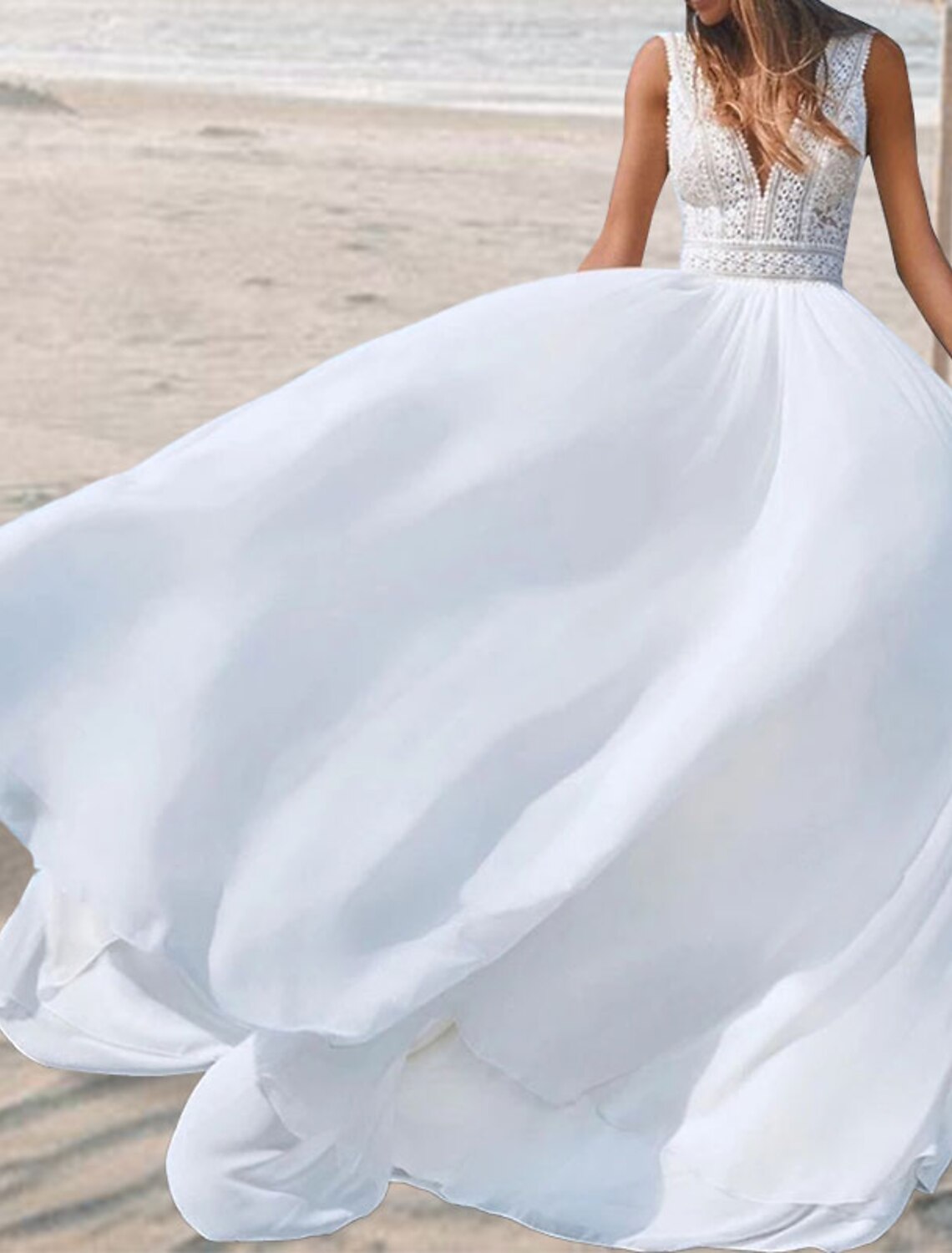 Wholesale Beach Open Back Boho Wedding Dresses A-Line V Neck Sleeveless Floor Length Chiffon Bridal Gowns With